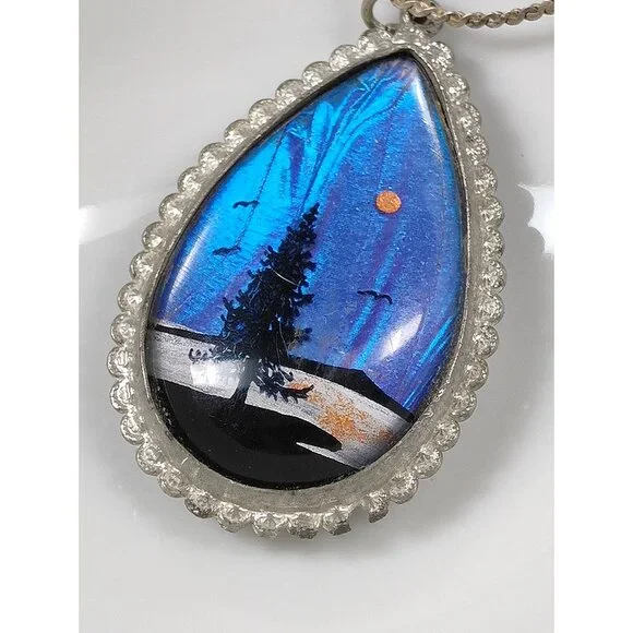 Vintage Morpho Butterfly Wing Pendant Necklace Painted Forest Palm Tree Blue - Picture 7 of 11